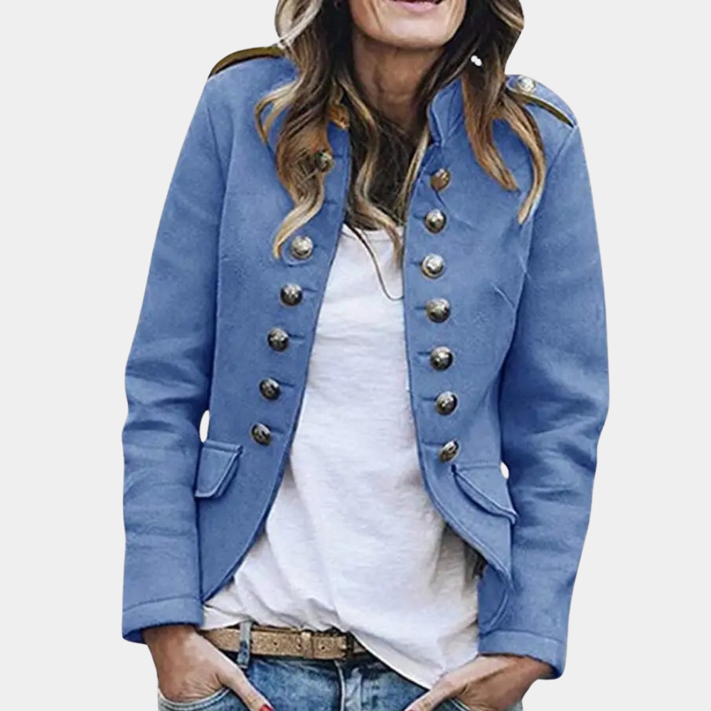 Stilig dameblazer med stand-up krage. Kortsnitt jakke for elegant kontorstil og festklar look, vår/høst.