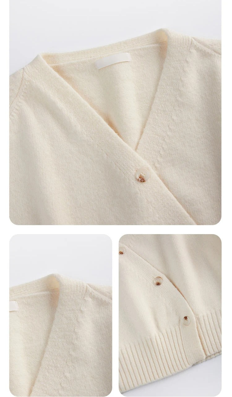 Trendy damecardigan med V-hals og skjev knute, et elegant strikkeplagg for motebevisste damer.