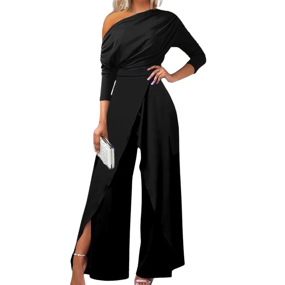 Elegant damejumpsuit med vide ben, kald skulder & splitt. Komfortabel fest- og sommerklær.