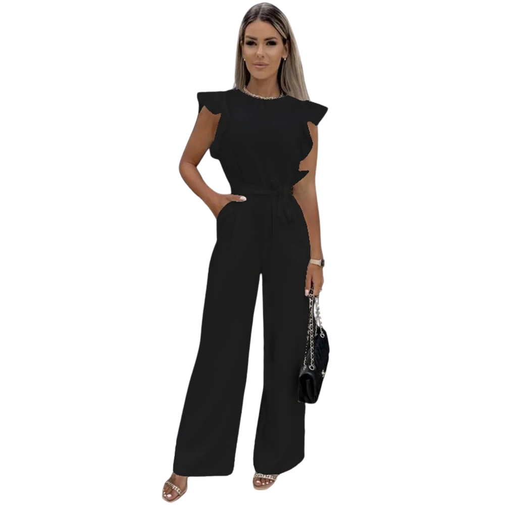 Stilren damejumpsuit med flotte volanger, knytebånd i midjen og vide ben for komfortabel, elegant mote.