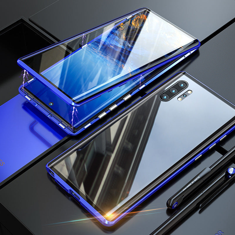 "Elegant dobbeltsidig magnetisk telefonveske med klar bakside og herdet glass for optimal beskyttelse."