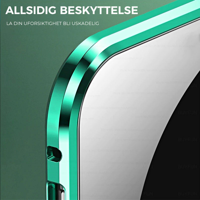 "Elegant dobbeltsidig magnetisk telefonveske med klar bakside og herdet glass for optimal beskyttelse."