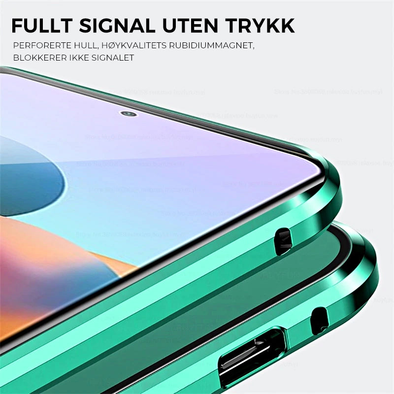 "Elegant dobbeltsidig magnetisk telefonveske med klar bakside og herdet glass for optimal beskyttelse."