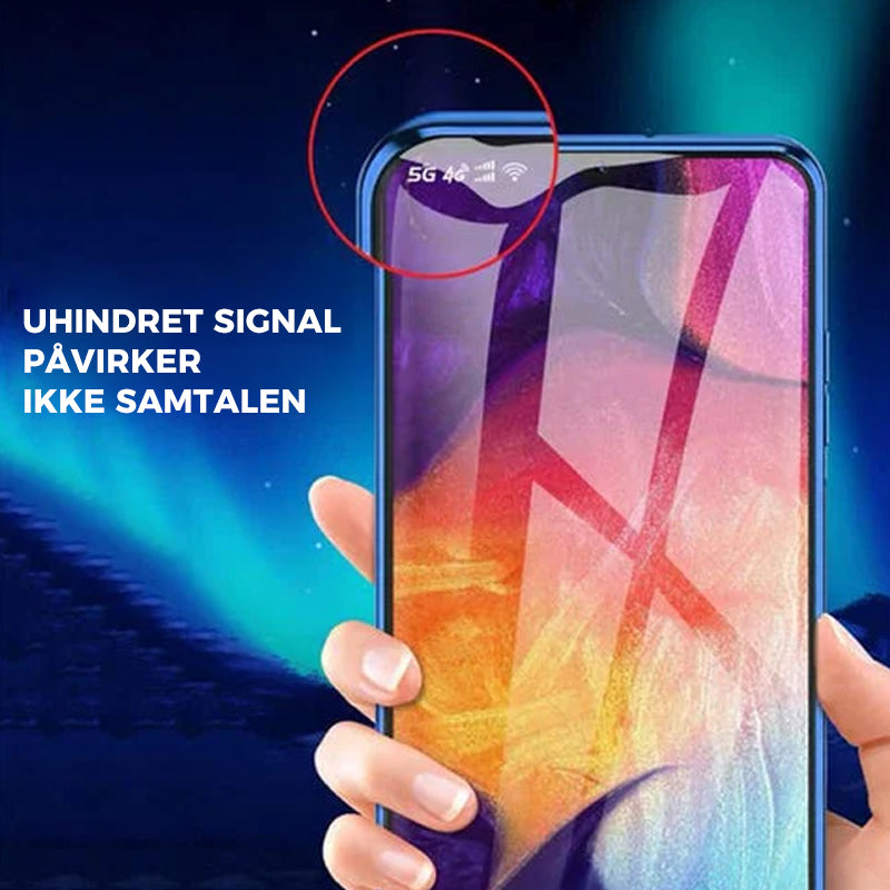 "Elegant dobbeltsidig magnetisk telefonveske med klar bakside og herdet glass for optimal beskyttelse."
