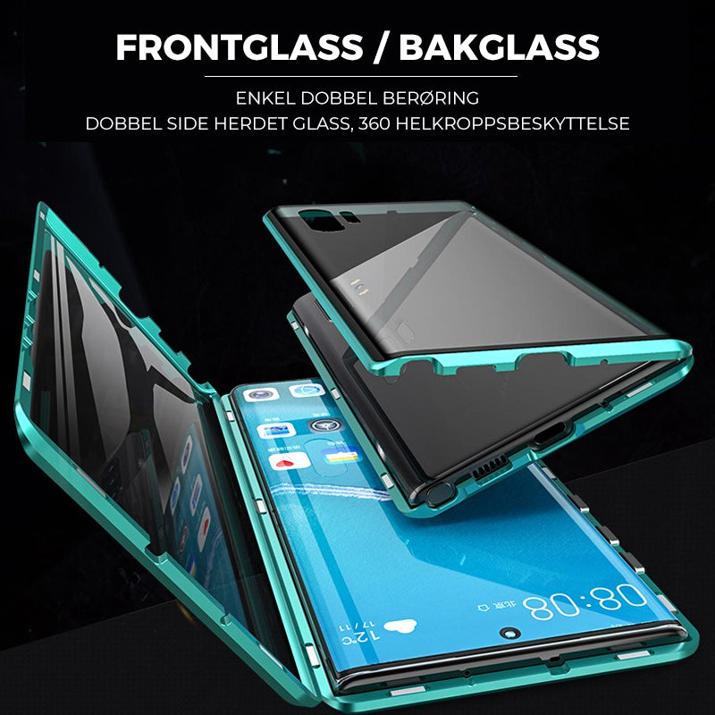 "Elegant dobbeltsidig magnetisk telefonveske med klar bakside og herdet glass for optimal beskyttelse."