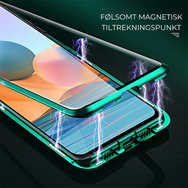 "Elegant dobbeltsidig magnetisk telefonveske med klar bakside og herdet glass for optimal beskyttelse."