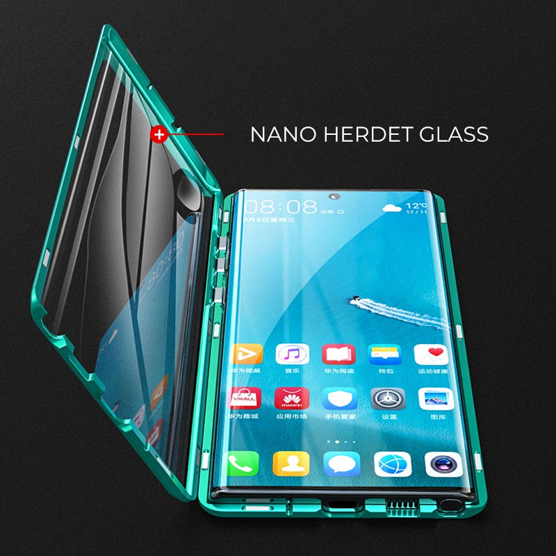 "Elegant dobbeltsidig magnetisk telefonveske med klar bakside og herdet glass for optimal beskyttelse."