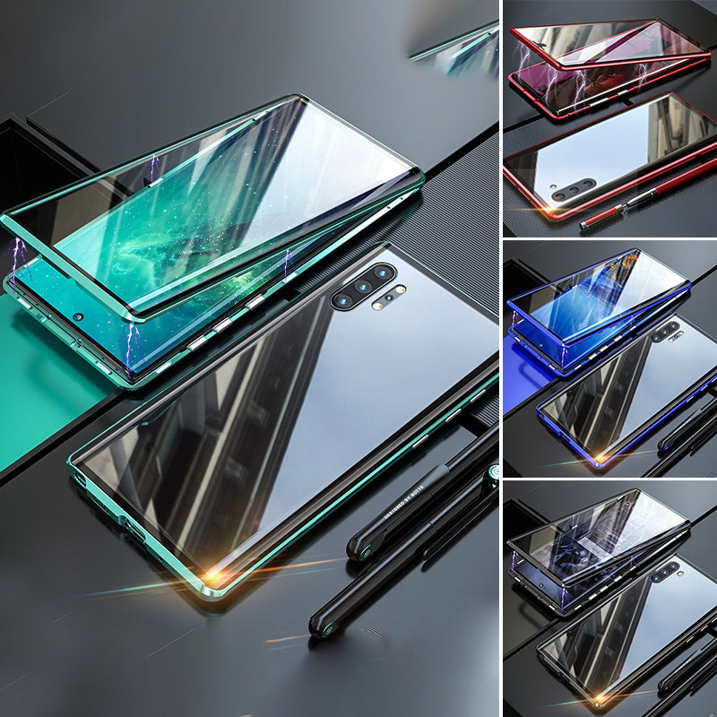 "Elegant dobbeltsidig magnetisk telefonveske med klar bakside og herdet glass for optimal beskyttelse."