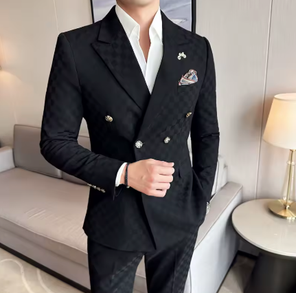 "Elegant dobbeltspent rutete dress med klassisk passform, skjæringsdetaljer og dyp blått rutemønster"
