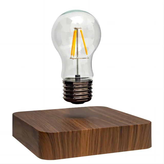 "Elegant flytende lyspære lampe med LED-teknologi og valnøttre sokkel, skaper magisk atmosfære i hjemmet."