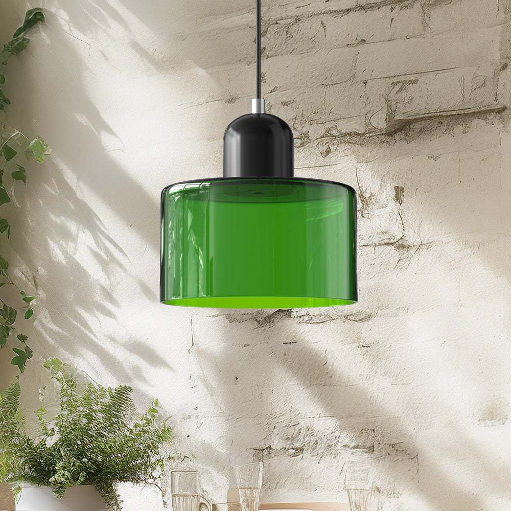 Elegant glasspendellampe med Bauhaus-design, justerbar oppheng, tilgjengelig i flere farger. Perfekt for moderne interiør.