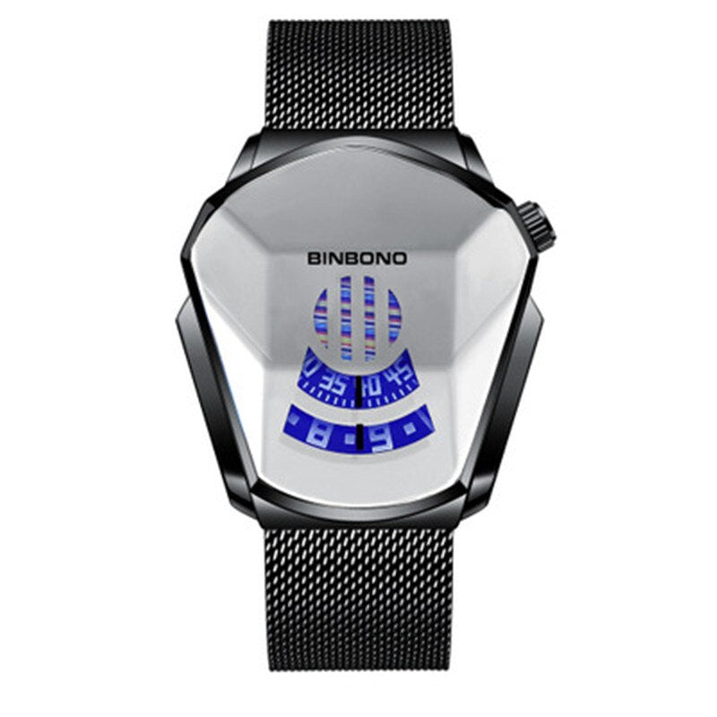Stålklokke herre, geometrisk design. Vanntett kvartsur med meshlenke for presisjon.