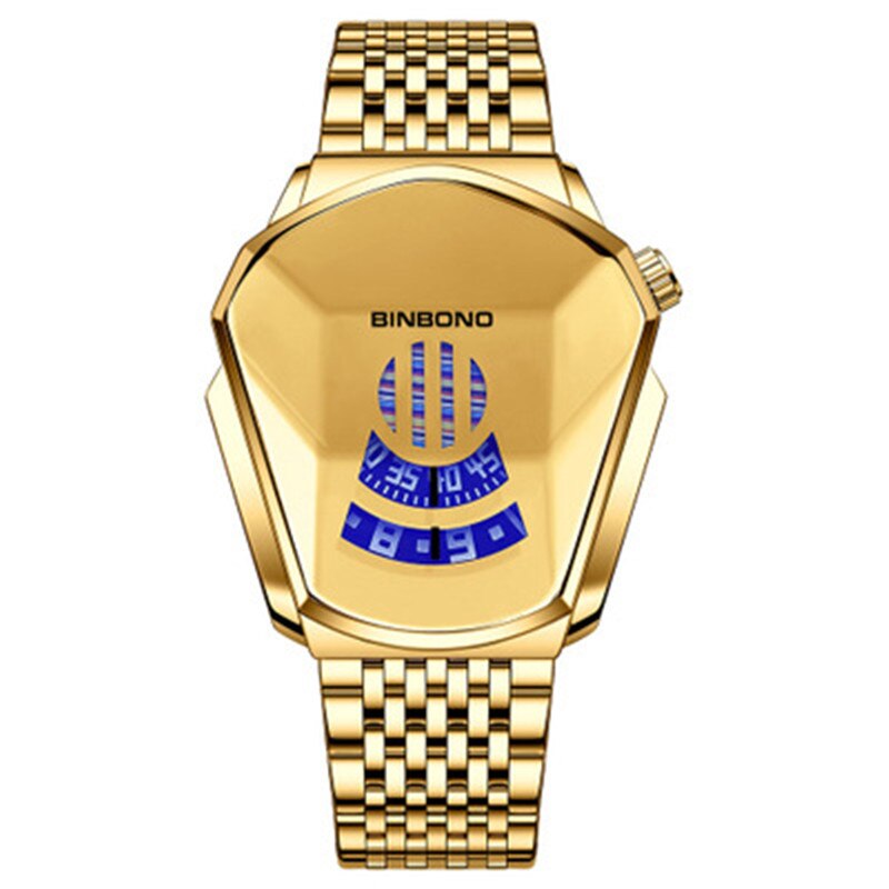Moderne herreklokke: Geometrisk kvartsur i stål med elegant meshlenke, vanntett.