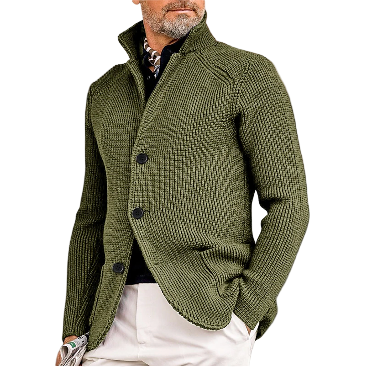 Elegant herre ribbet strikket cardigan med høy krage og knapper. Komfortabel og stilfull for høst/vinter.