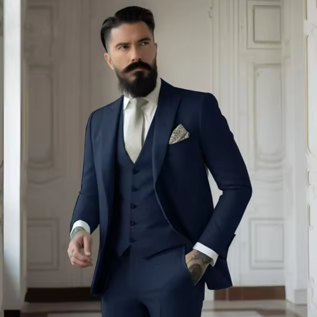 Komplett tre-delt herredress: jakke, vest, bukser i slim fit. Perfekt for den moderne mannen.