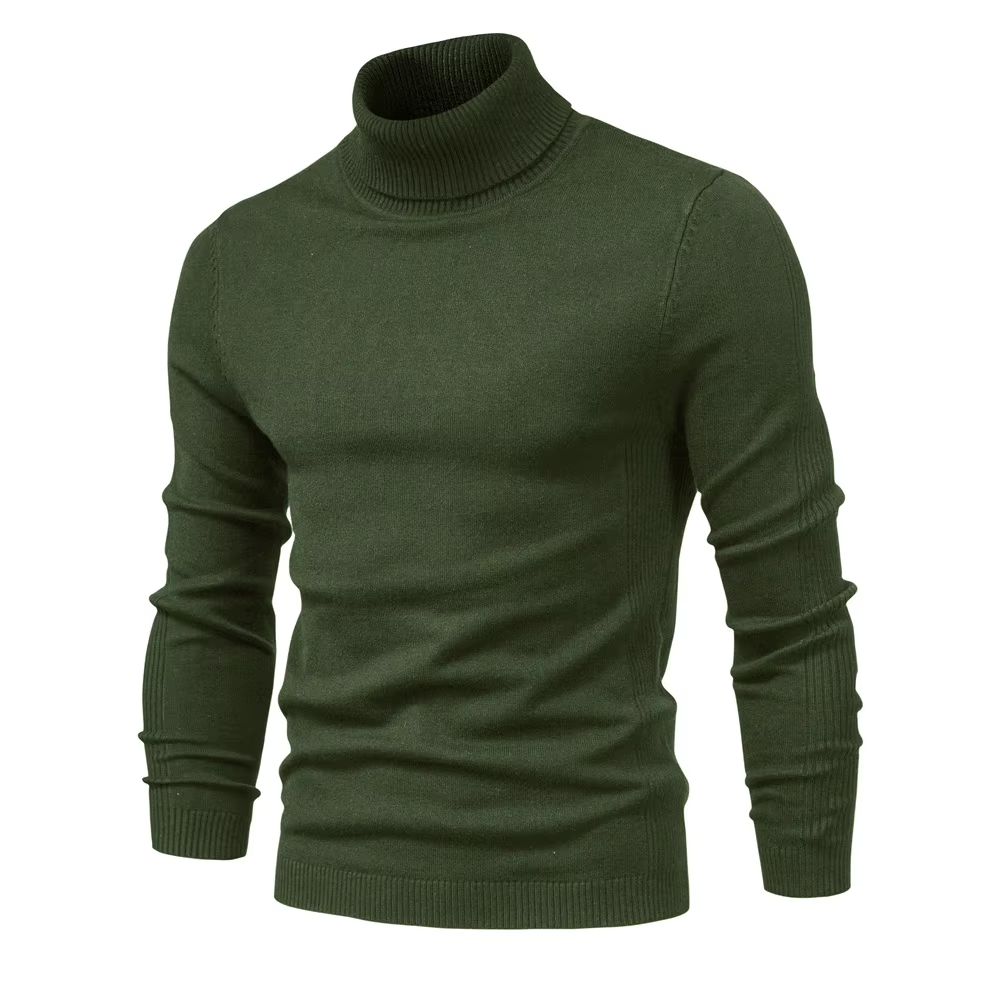 Herre turtleneck genser brettet pent, viser fargevarianter som sort, grå og beige, klar for salg.