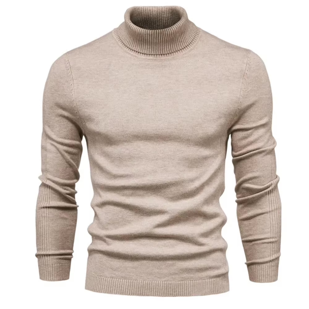 Detaljert bilde av kragen på en herre turtleneck genser, viser dens myke og varme konstruksjon, klassisk stil.