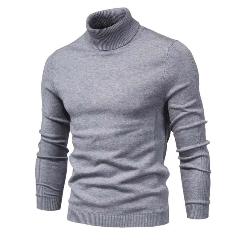 Baksidevisning av herre turtleneck genser, fremhever den rene, ensfargede finishen, elegant og tidløs.