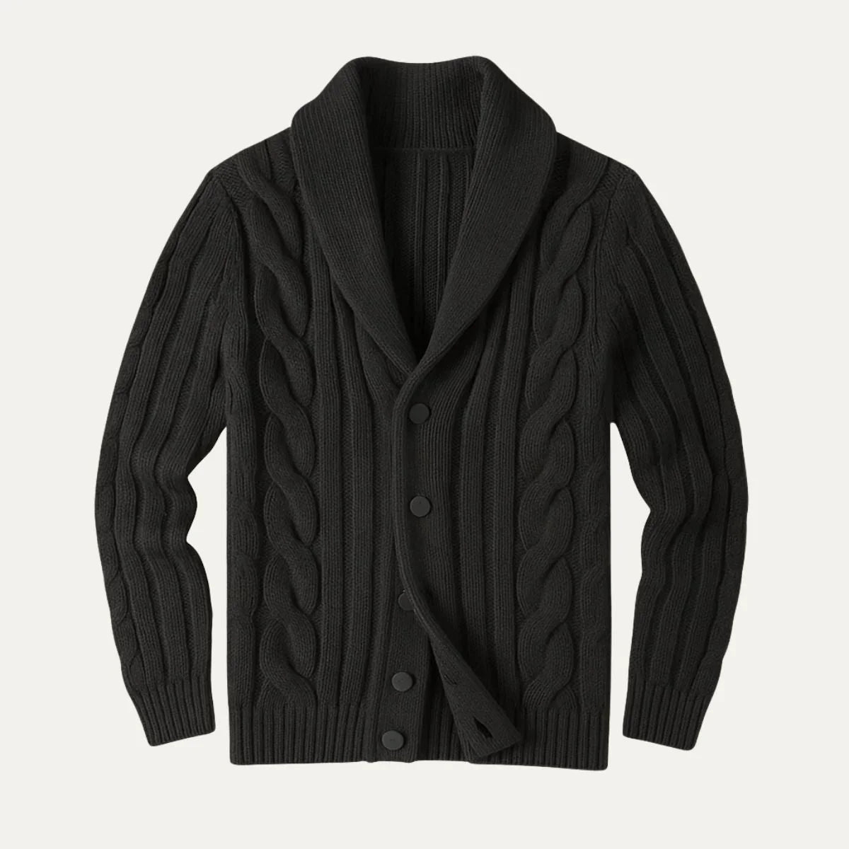 Behagelig svart strikket merinoull cardigan for menn, en tidløs klassiker i enhver garderobe.