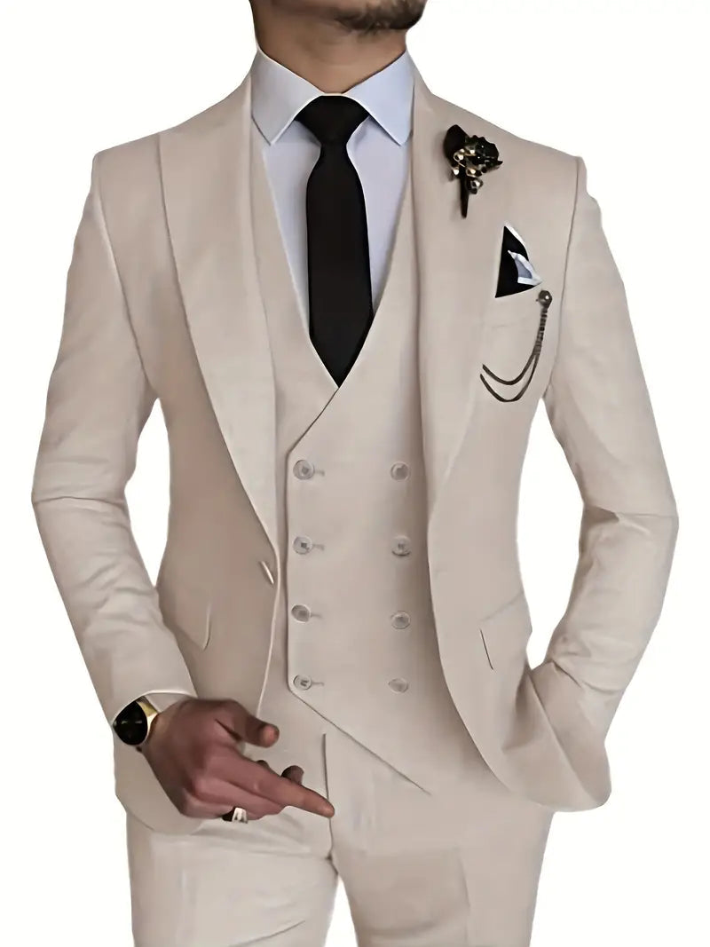 Elegant herredressett i tre deler med blazer, vest og bukser for formelle anledninger.