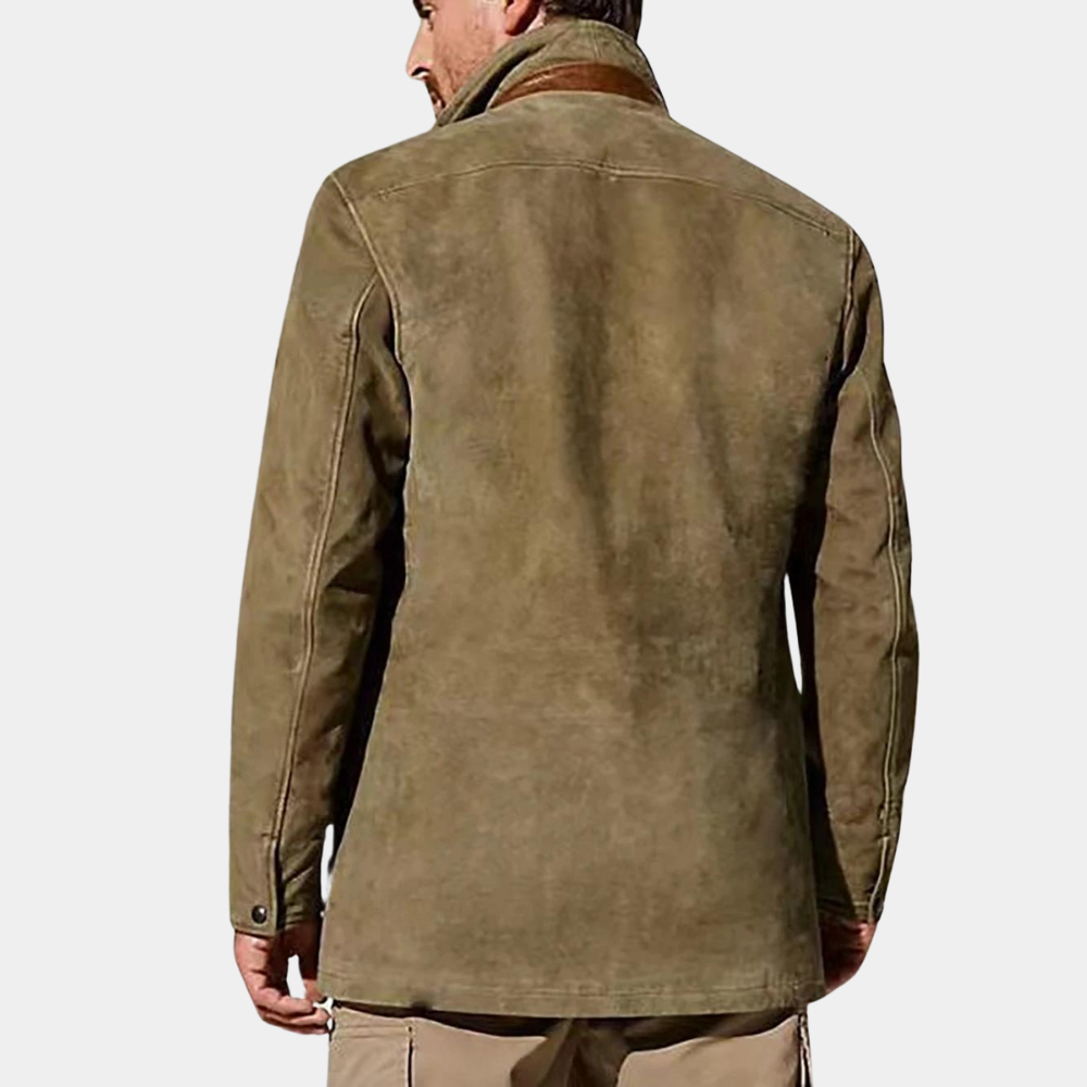 "Elegant herrejakke i khaki, svart, blå, brun og lilla, med sofistikerte detaljer og praktiske lommer."