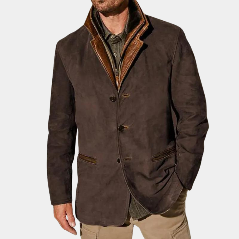 "Elegant herrejakke i khaki, svart, blå, brun og lilla, med sofistikerte detaljer og praktiske lommer."