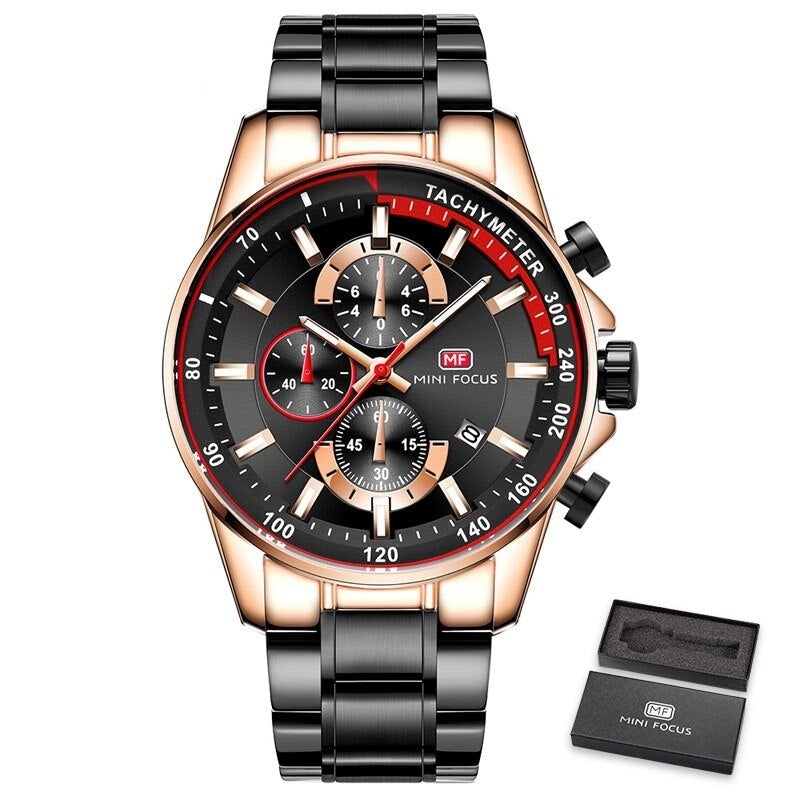 Kronograf herreklokke med vanntett stål og elegant urskive. Stilig armbåndsur for menn.