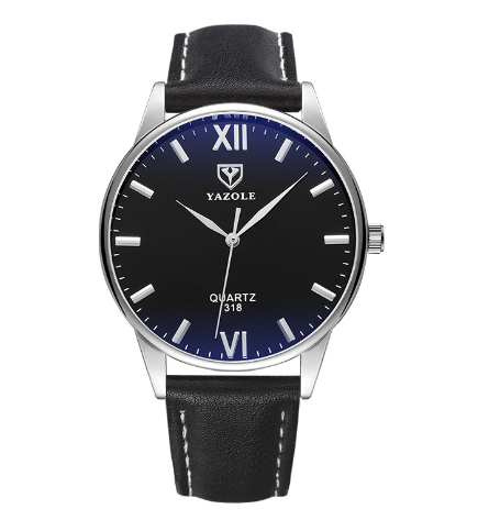 Elegant herreklokke med kvartsur, sort urskive og brun skinnreim – perfekt for forretning.