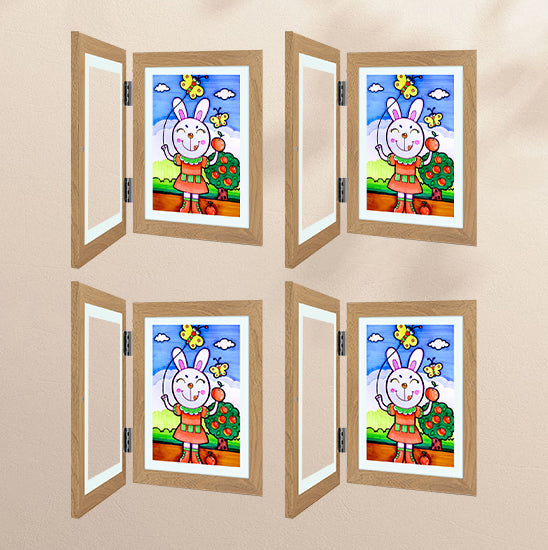 "Elegant, hvit 10x12,5 ramme for barnekunst, med glassfront og magnetlukking, ideell for tegninger og malerier."