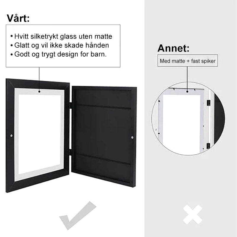 "Elegant, hvit 10x12,5 ramme for barnekunst, med glassfront og magnetlukking, ideell for tegninger og malerier."
