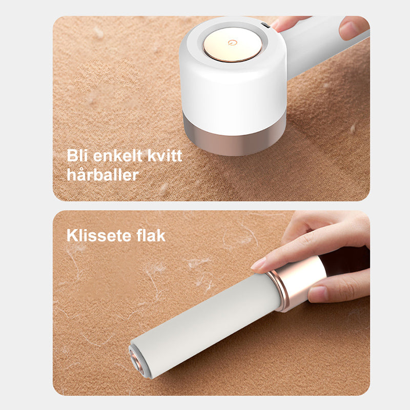 Elegant hvit nuppefjerner i ABS/PC og stål for skånsom oppfriskning av klær. Ergonomisk og trådløs med sikkerhetsmekanisme.
