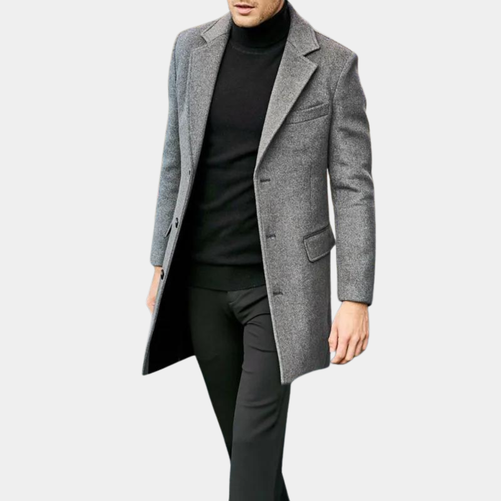 Komfortabel og elegant lang vinterfrakk for menn. Essensiell del av moderne herremote.