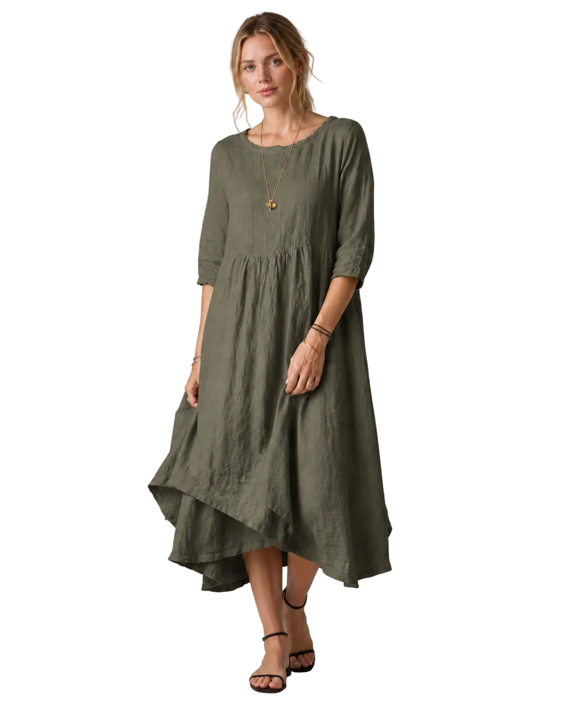 Elegant kvinne midikjole med albuelange ermer og vintage-inspirert design, perfekt for avslappet sommer hverdagsstil.