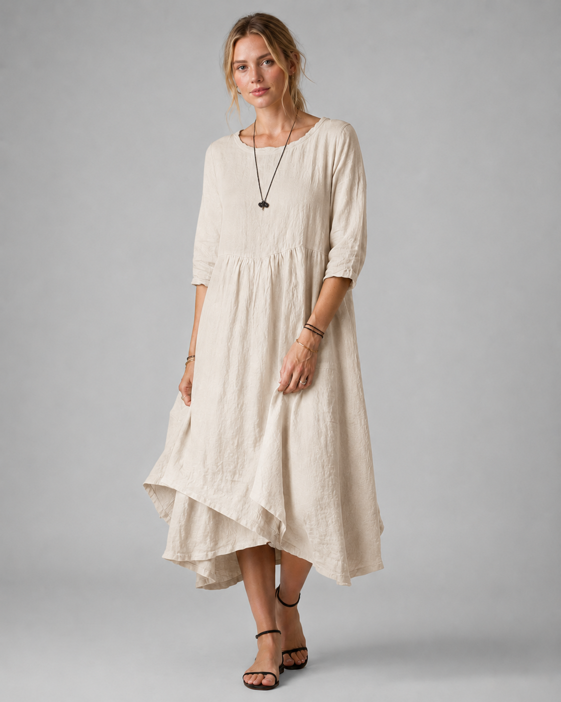Stilig kvinne midikjole med elegante albuelange ermer, vintage preg for en sofistikert avslappet hverdagsstil.