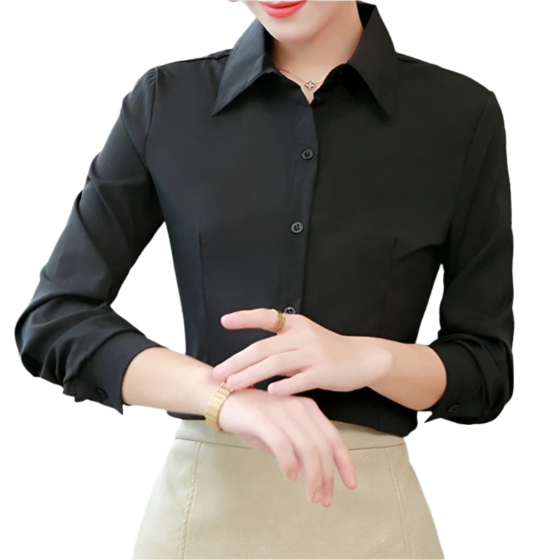 Kvinner i elegant langermet kontorbluse. Profesjonell, komfortabel businesskjorte for arbeid.