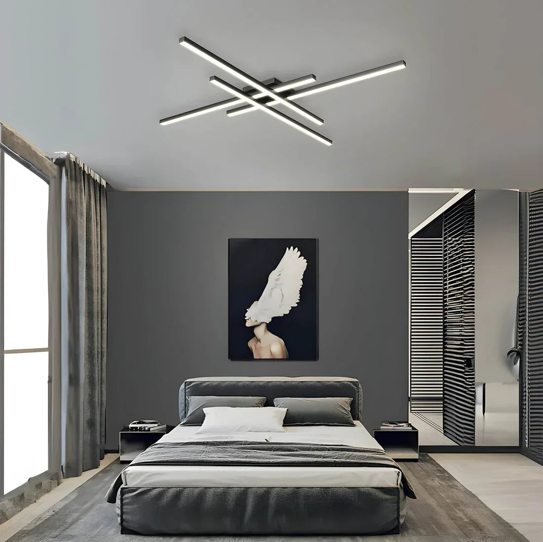 "Elegant LED-taklampe med slanke linjer, dimbar belysning, tilgjengelig i hvit og svart, gir et moderne utseende."
