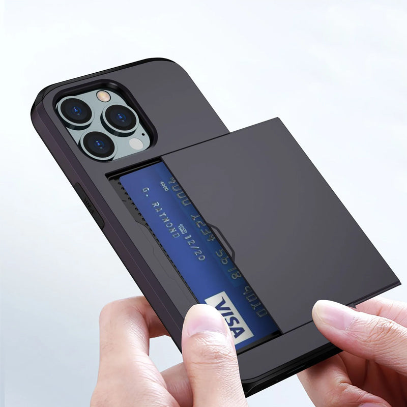 "Elegant lommebok telefonveske i svart TPU+PC med plass til kort, gir stilfull beskyttelse for iPhone, tilgjengelig i flere f