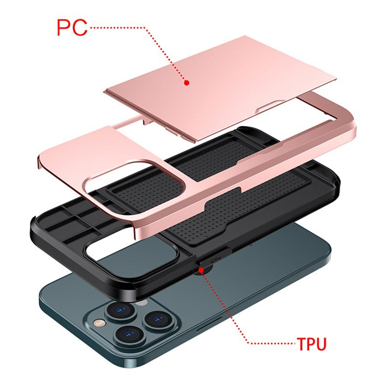 "Elegant lommebok telefonveske i svart TPU+PC med plass til kort, gir stilfull beskyttelse for iPhone, tilgjengelig i flere f