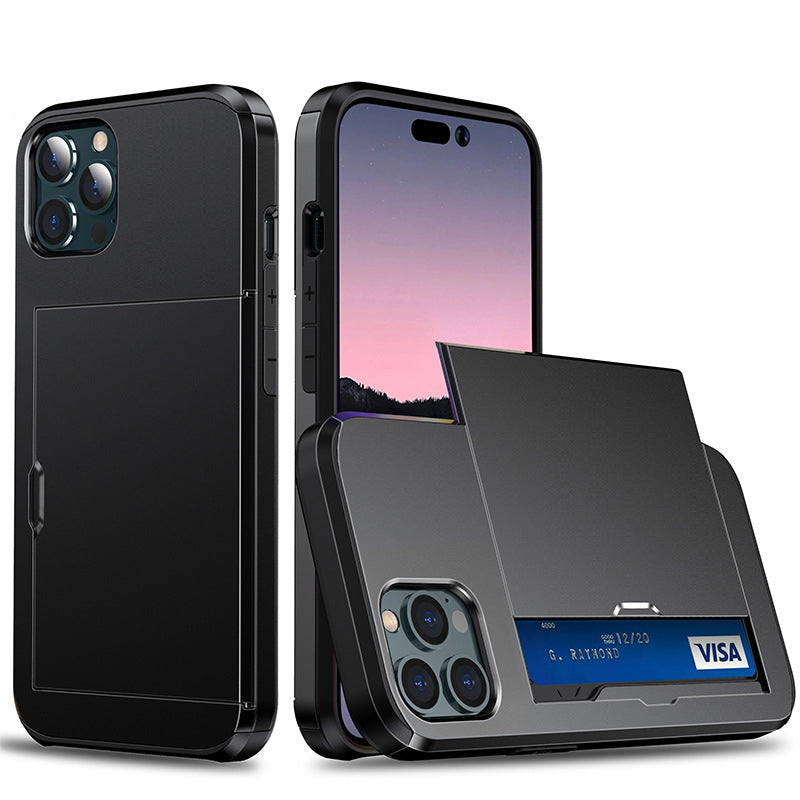 "Elegant lommebok telefonveske i svart TPU+PC med plass til kort, gir stilfull beskyttelse for iPhone, tilgjengelig i flere f