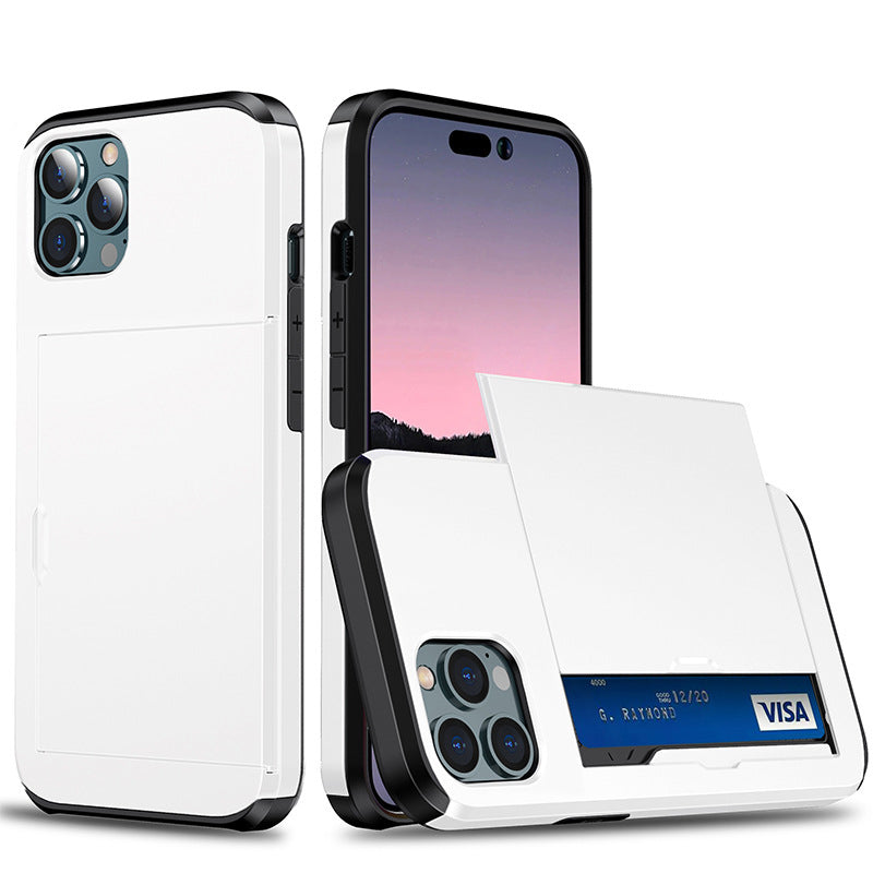 "Elegant lommebok telefonveske i svart TPU+PC med plass til kort, gir stilfull beskyttelse for iPhone, tilgjengelig i flere f