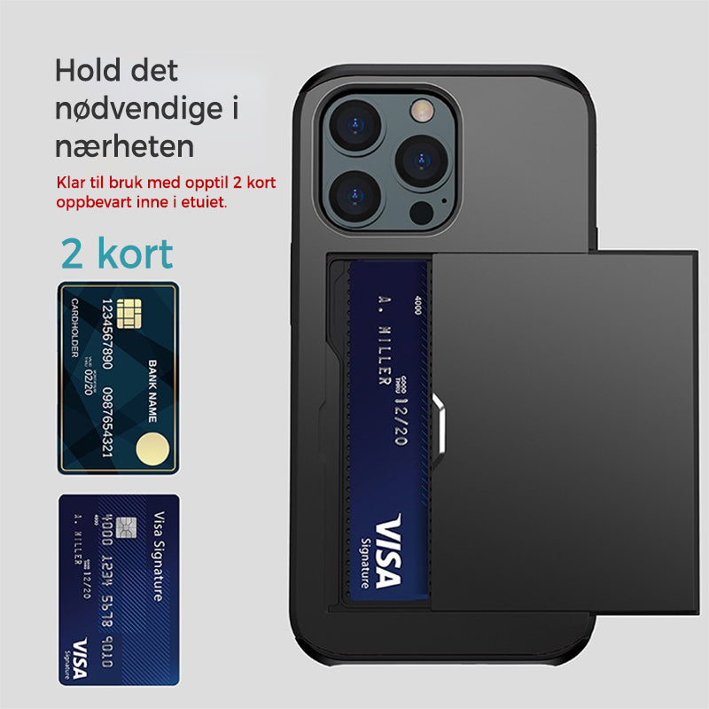"Elegant lommebok telefonveske i svart TPU+PC med plass til kort, gir stilfull beskyttelse for iPhone, tilgjengelig i flere f