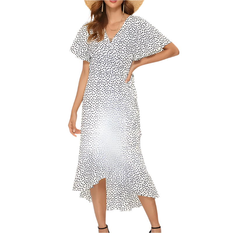 Kvinnekjole: Blomstret boho maxikjole med V-hals, volanger. Elegant lang sommerkjole, ideell for fest og fritid.