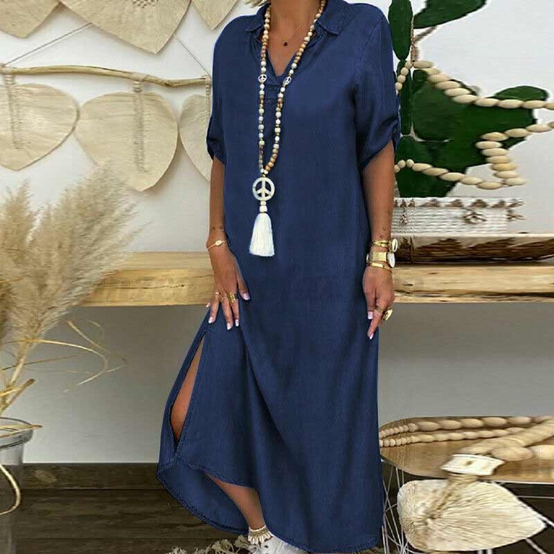 "Elegant maxi denimkjole med V-hals og splitt, kortermet, uformell stil, perfekt til vår- og sommersesongen."
