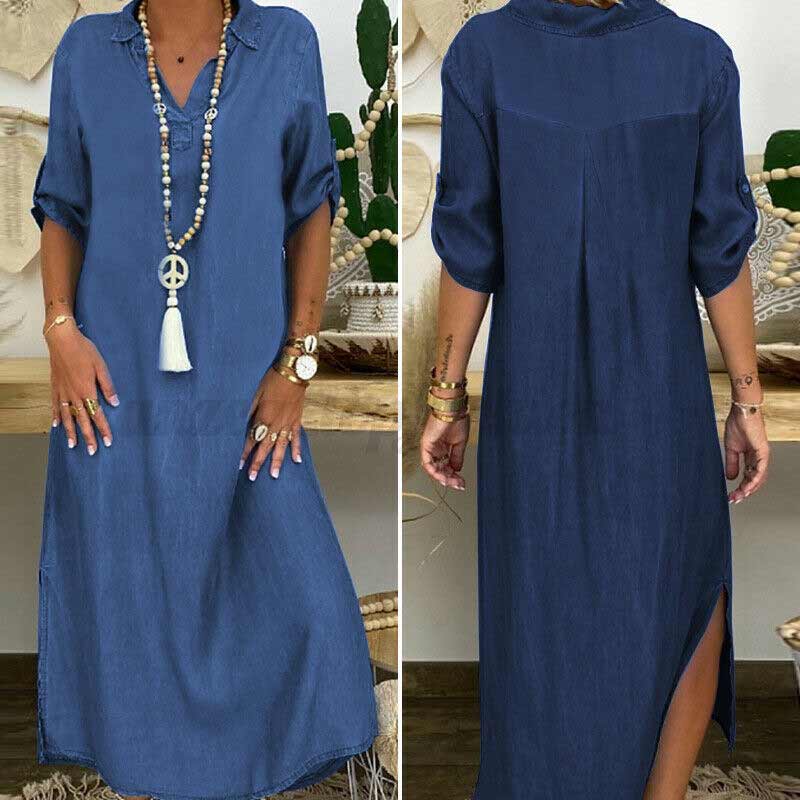 "Elegant maxi denimkjole med V-hals og splitt, kortermet, uformell stil, perfekt til vår- og sommersesongen."