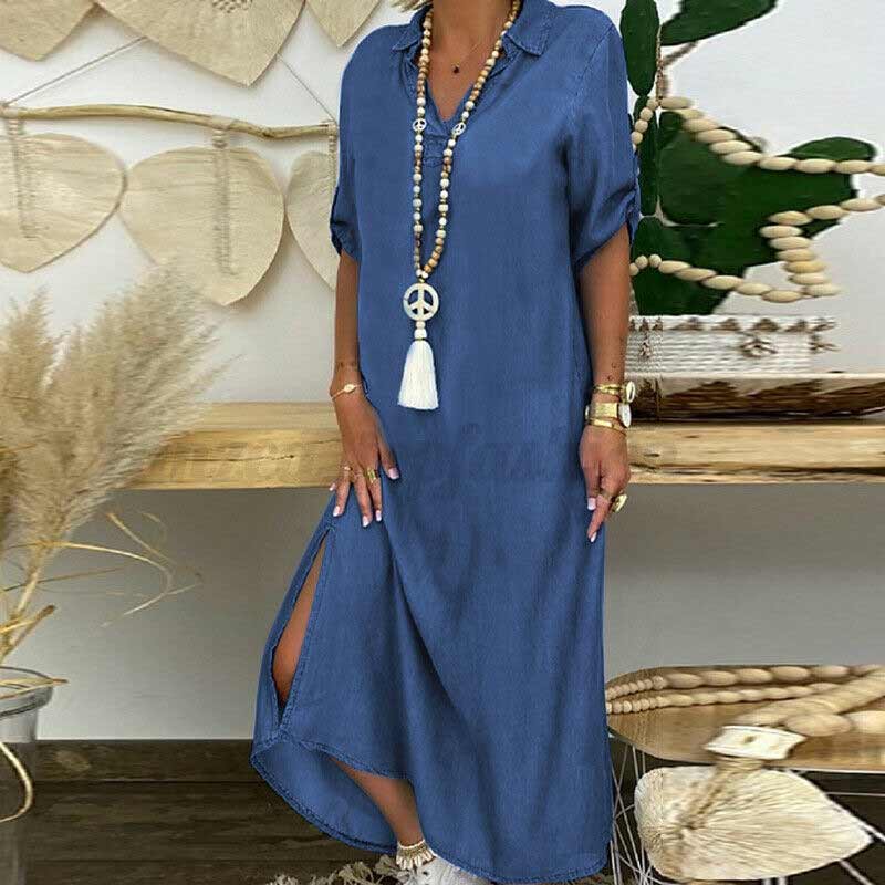 "Elegant maxi denimkjole med V-hals og splitt, kortermet, uformell stil, perfekt til vår- og sommersesongen."