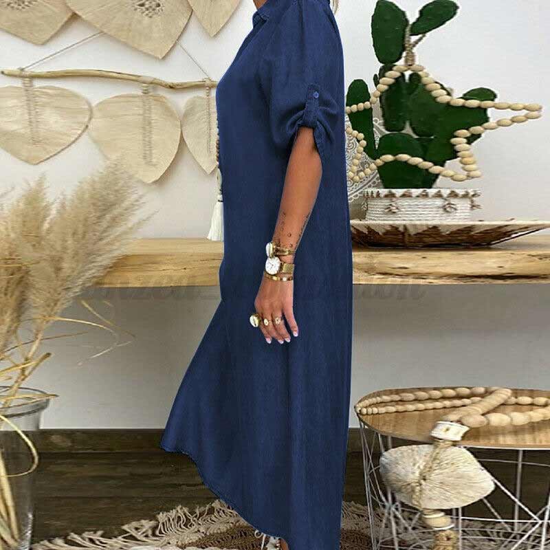 "Elegant maxi denimkjole med V-hals og splitt, kortermet, uformell stil, perfekt til vår- og sommersesongen."