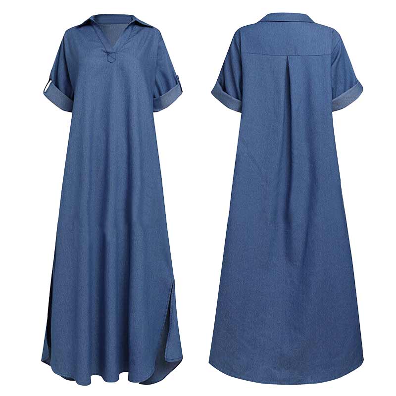 "Elegant maxi denimkjole med V-hals og splitt, kortermet, uformell stil, perfekt til vår- og sommersesongen."
