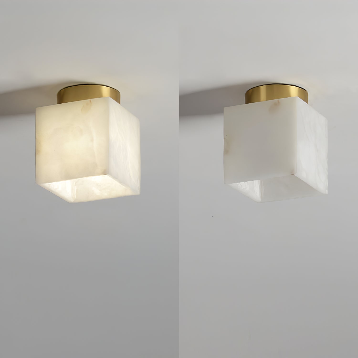 "Elegant Moon Alabaster taklampe i messing og alabast, med mykt, varmt lys for en innbydende atmosfære."