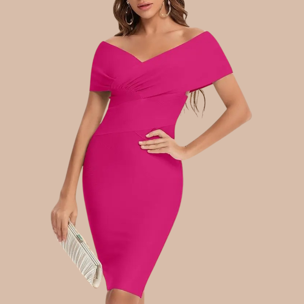 Feminint designet off-shoulder kjole, komfortabel for både sommer- og vårvær. Tidløs stil.