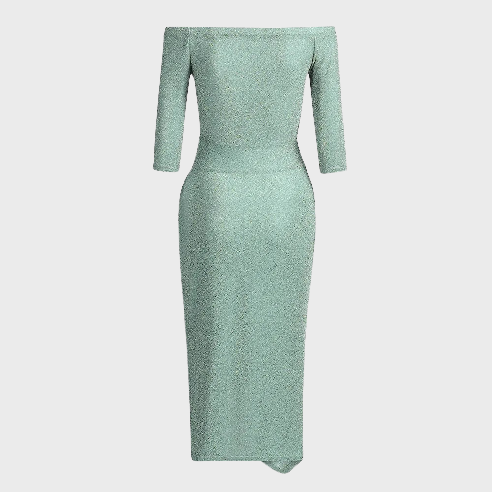 Elegant off-shoulder sommerkjole i lett materiale, tilgjengelig i seks farger, perfekt for festlige anledninger.